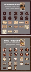 Detail of vintage numbered washi stickers with retro postmarks and antique paper texture