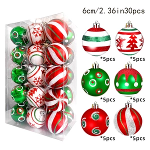 Detail of 30-piece Christmas ball set showing 6cm ornaments in red, white and green