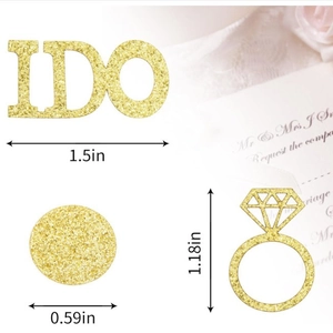 Gold glitter wedding confetti set including I DO letters and ring shapes with dimensions