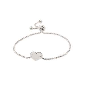 Minimalist silver heart charm adjustable bolo bracelet with polished stainless steel finish