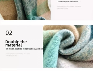 Detail showing the thick, soft texture of the rainbow plaid scarf with fuzzy fringe
