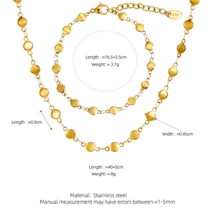 Macro detail of 18K gold plated stainless steel necklace and bracelet set specifications
