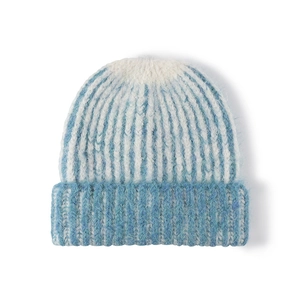 Blue and white striped knit beanie hat with warm wool texture and folded cuff for winter