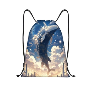 Detailed close-up of blue whale print on durable oxford drawstring backpack