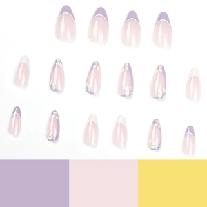 Lavender purple almond press-on nails with white daisy flowers and French tips