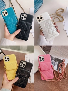 Quilted leather phone case with card slot and metal chain strap in various colors