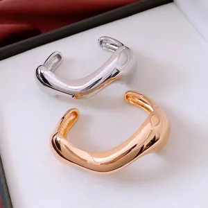 Irregular Wave Open Cuff Bangle Minimalist Liquid Metal Style Glossy Metallic Luster Plastic Rhinestone Bracelet For Women