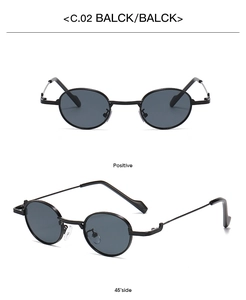 Detail view of round frame sunglasses with slim metal temples and black finish