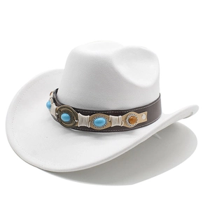 Detail of white felt cowboy hat with leather band and turquoise stone embellishments