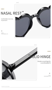Detail showing comfortable nose rest and solid hinge of black heart-shaped sunglasses