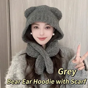 Cute gray knitted bear hat with earflaps and integrated neck warmer for autumn and winter