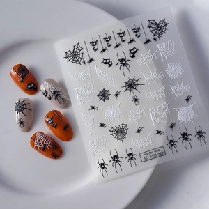 5D embossed Halloween nail stickers with black and white spider webs and bat designs