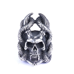 Gothic stainless steel skull ring with coiled twin snakes in vintage silver finish