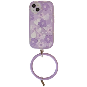Purple oil painting floral phone case with silicone wrist strap and metal ring charm