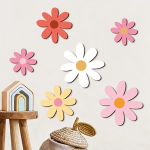 Bohemian daisy wood wall art set with six colorful floral signs for farmhouse home decor