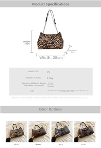 Detail view of leopard print crossbody bag with metal chain strap and size specifications