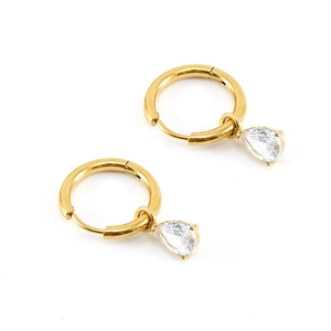 Elegant gold titanium steel hoop earrings featuring clear pear-shaped zircon pendants