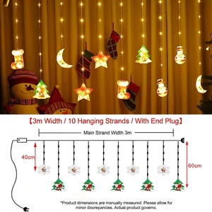 3M Warm LED Christmas Curtain Lights with Santa Snowflake and Tree Pendants
