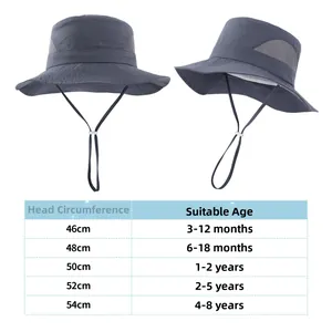 Size chart for kids outdoor sun hat showing head circumference from 46cm to 54cm