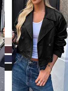 Damen Kurze Zweireiher Jacke Mode Revers Langarm Einfarbig Streetwear Außenbekleidung Lässiger Polyester Mantel