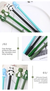 Detail of 3D silicone animal characters and protective cap design on cartoon pens