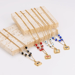Set of four stainless steel necklaces with square evil eye pendants in multiple colors
