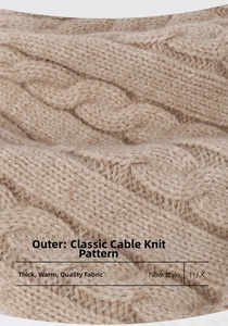 Detailed macro view of beige cable knit fabric texture for winter beanies and scarves