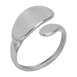 Close-up of minimalist adjustable silver-tone ring with curved geometric double loop design