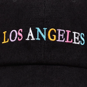 Black corduroy baseball cap with colorful Los Angeles embroidery, front view accessory