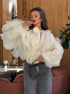 Blouse En Organza Pour Femmes Volants Multi Couches Manches Bouffantes Col Rond Élégant Détail Fleur 3D