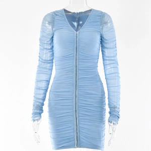 Blue V-neck mesh mini dress with long sleeves and front zipper on white background