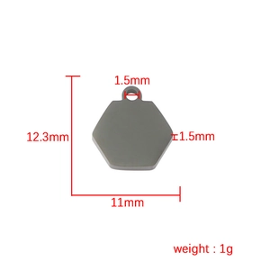 Polished stainless steel hexagon pendant charm with 12.3mm height and 11mm width dimensions