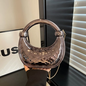 Chic gunmetal crescent handbag with embossed diamond pattern and gold chain strap
