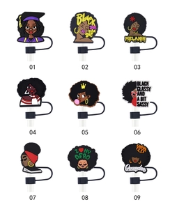 Detail view of 9 unique 10mm PVC straw toppers featuring Black Girl Magic designs