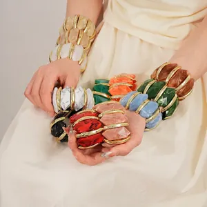 Bracelet Élastique Géométrique Épais Résine Acrylique Texture Marbre Alliage Jonc Bijoux Bohèmes Rétro Pour Femmes