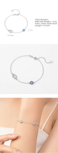 Bracciale S925 in argento con occhio blu e pendente a palma, dettagli delle misure