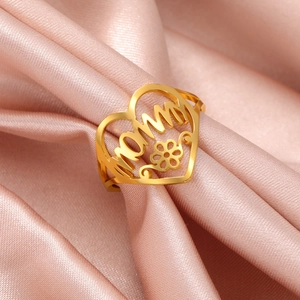 Hollow Heart Ring Stainless Steel Adjustable Open Mother's Day Jewelry Mom Mommy Flower Gift Women
