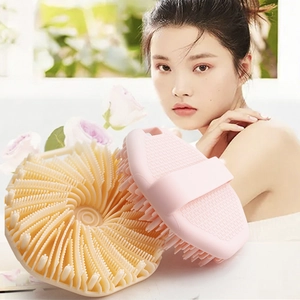 Silicone body bath brush with dual bristles and ergonomic handle for exfoliating massage