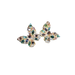 French vintage gold butterfly earrings with colorful zircons and silver needles for women