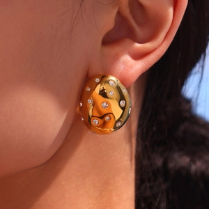 Polished gold stainless steel oval stud earrings with sparkling Czech rhinestones