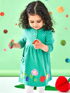 Girls Long Sleeve Cotton Dress White Polka Dot Fruit Flower Applique Embroidery Round Neck Wood Buttons Cute Casual