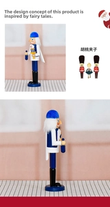 Detailed views of a 36cm blue and white wooden nutcracker soldier holding a golden menorah