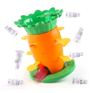 Carrot balance tower game with rabbit figures for kids' interactive desktop fun