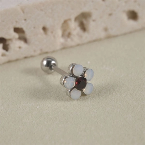 Titanium steel flower stud earring with red gemstone and white opal petals for ear piercing