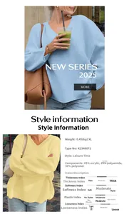 Detailed view of women's V-neck knit sweater in light blue and yellow soft fabric