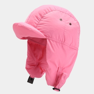 Pink winter trapper hat with ear flaps and adjustable chin strap for outdoor skiing