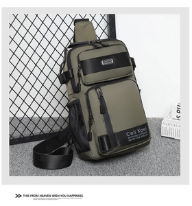 Detailed view of army green tactical chest bag with multiple pockets and mesh bottle holder