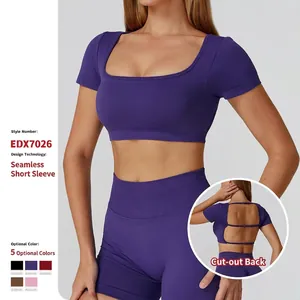 Damen Nahtloses Yoga-Top Eckiger Ausschnitt Rückenausschnitt Kurzarm Slim Fit Sportshirt Für Fitnessstudio Laufen Fitness Sportbekleidung