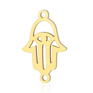 Macro shot of gold Hamsa Hand stainless steel connector with dual loops for jewelry