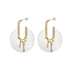 Vintage gold molten lava earrings with transparent circular backplate in titanium steel